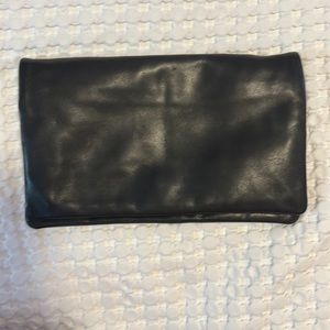 Ann Taylor Black leather clutch with snap multiple zipper compartments